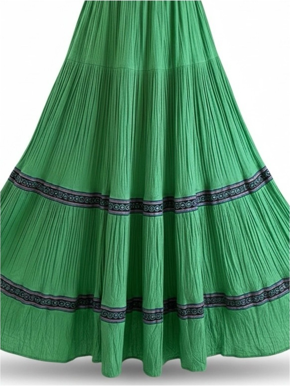 Mirasol XL Green Tiered Crinkle Cotton Boho Peasant Maxi Skirt Elastic Waist